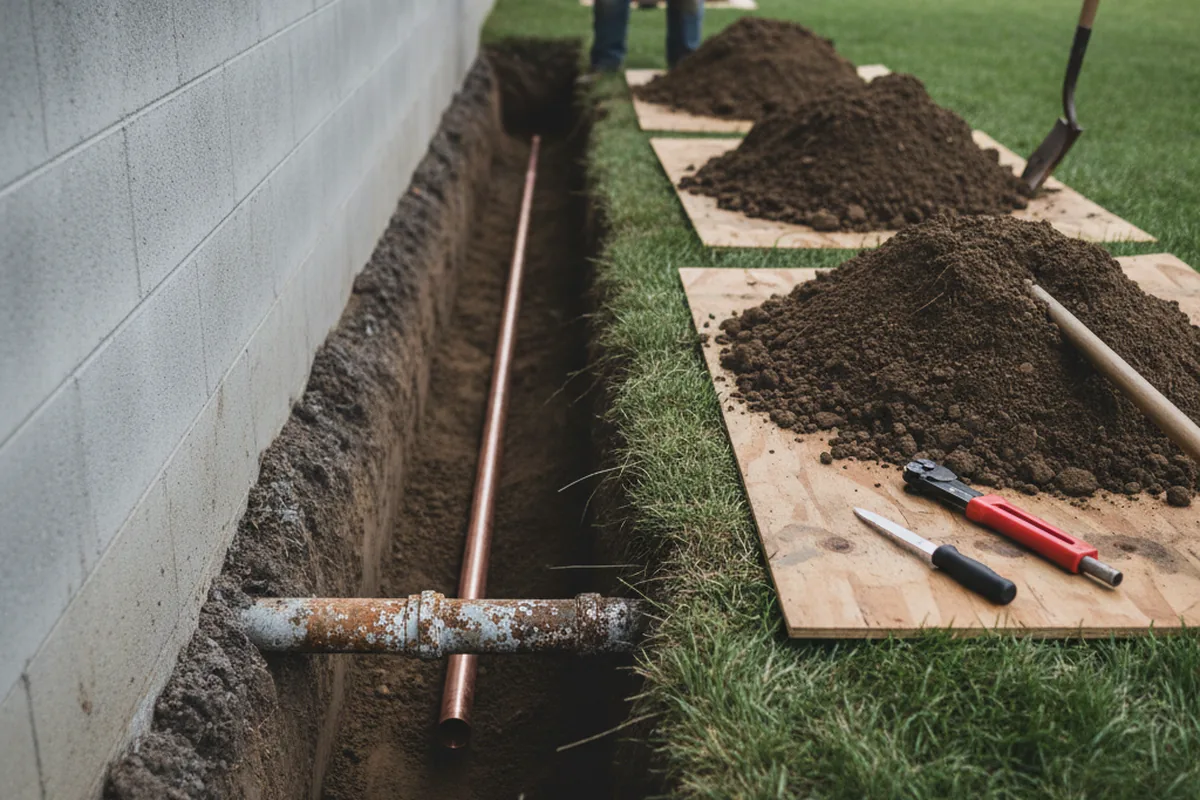 Excavated water line trench during Sewer Line Repair in Camilla